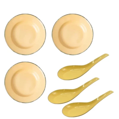 Dinnerware Plates Spoon Vintage Yellow  Enamelware Metal Dinner Blue Rim x 6 - Image 1 of 4