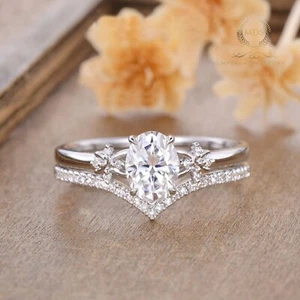 2.50 Carat Moissanite Bridal Set Engagement Ring Oval Cut Solid 14K White Gold - Picture 1 of 11