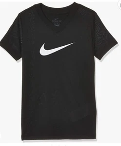 The Nike Girls medium Dry fit Legend black Swoosh V-neck Tee SHIRT NIKE LOGO EUC - Picture 1 of 3