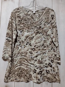 Chico's Shirt Damen Large Chico's 2 Animal Print braun hellbraun verziert 3/4 Arm - Bild 1 von 8
