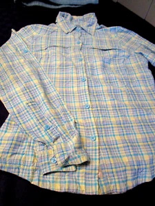 EUC  COLUMBIA WOMENS  OMNI SHIELD LONG SLEEVE BLUE/YELLOW PLAID BUTTON SHIRT PS - Picture 1 of 3