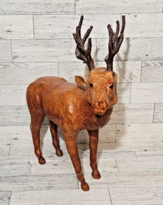 Leather Covererd Deer Buck Elk Figurine Statue with Glass Eyes - Picture 1 of 14
