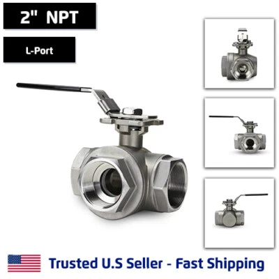 2" 3-Way L-Port Ball Valve, Stainless Steel, NPT Threaded, 1000PSI - Image 1 of 4