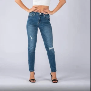 WAKEE DENIM HIGH RISE RIP STRAIGHT LEG JEANS S6-18 - Picture 1 of 3