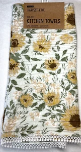 ENVOGUE KITCHEN TOWELS HARVEST & CO (2) SUNFLOWERS GOLD GREEN 100% COTTON NWT - Picture 1 of 2