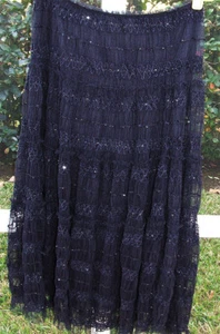 MAX STUDIO BLACK SMOCKED TIERED BOHO SEQUIN POLYESTER MESH LONG SKIRT XS NEW - Picture 1 of 3