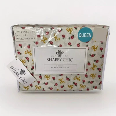Juego de sábanas Shabby Chic Queen 6 piezas lazo amarillo y patrón floral rosa, 4 fundas de almohada Foto 1 de 4