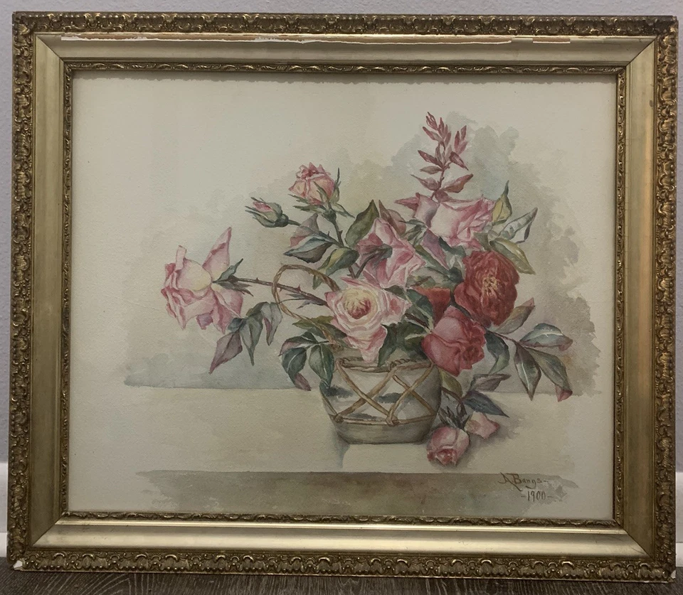 Antique 1900’s Floral Still Life Water Color Painting Signed A. Bangs - Image 1 of 4