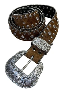 Cinturón de pelo de becerro marrón Nocona tachonado estrás talla S pequeño tono plateado LEER - Imagen 1 de 5