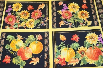 Sunflowers Pumpkins Harvest Gold Fabric Wilmington Prints 8 placemat panel - Image 1 of 4