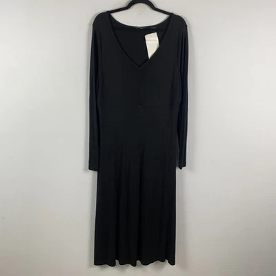 Eddie Bauer Matte Jersey Midi Dress Size XL Tall Black V Neck Long Sleeve A-Line - Image 1 of 4