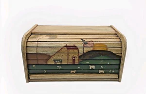 Vtg Wooden Bread Box Roll Top Folk Art Primitive Country Kitchen CottageCore - Picture 1 of 14