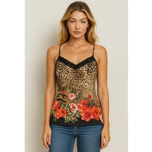 Cache Leopard Animal Print Floral Lace Trim Cami Tank Top Baby Doll Large Y2K - Picture 1 of 8