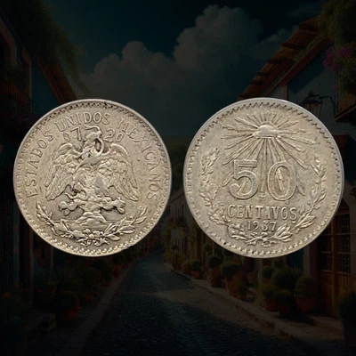 1937 Mexico 50 Centavos Coin, .720 Silver, Radiant liberty cap, Coat of Arms - Image 1 of 3