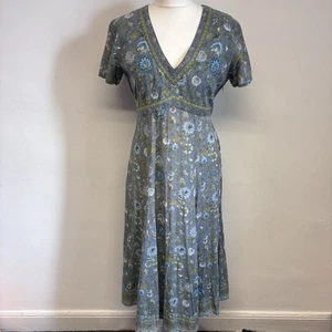 East Anokhi Midi Dress Size 12 Green Gold Floral Block Print 100% Cotton - Picture 1 of 11