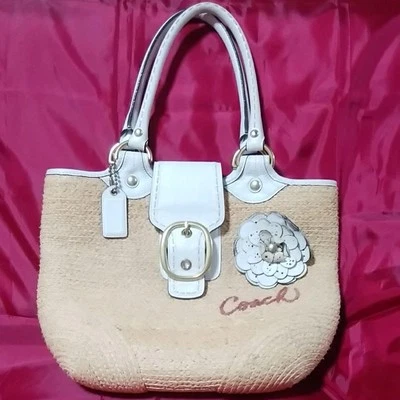 Bolso de Mano COACH Paja Beige Blanco Tejido Verano Cartera Tamaño Mediano Floral MBb1153 Foto 1 de 4