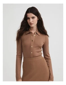 Witchery Ribbed Knit Top Size S Brown Collar Long Sleeve Stretch Button Up - Picture 1 of 16