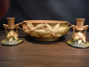 Old LARGE ROSEVILLE Pottery Yellow CLEMATIS candle sticks & BOWL #459-10, 1159 - Picture 1 of 8