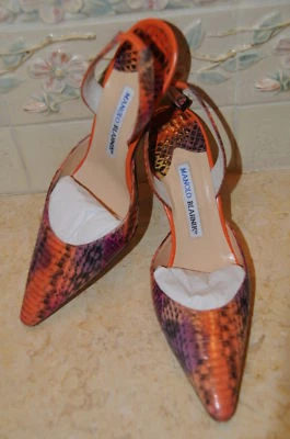  Nuevo MANOLO BLAHNIK Naranja Gris Serpiente Carolyne Eslingas ZAPATOS Tacones 40.5 10 Foto 1 de 4