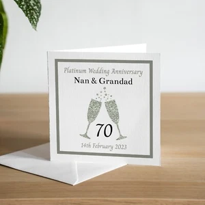 Tarjeta personalizada 70 aniversario de boda platino copa de champán esposo esposa - Imagen 1 de 3