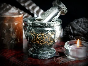 Witches Mortar and Pestle Marble Gold Pentacle Triple Moon Altar Pagan Gift - Picture 1 of 8