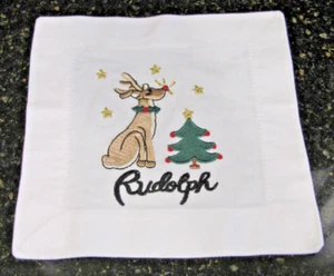 RARE Edward Boutross Hand Embroidered Christmas Reindeer 6" Cloth Napkin~3 Avail - Picture 1 of 3