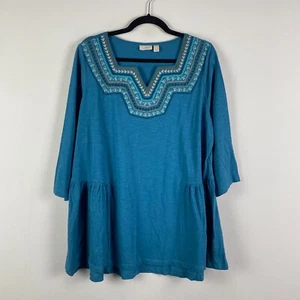 LOGO Lori Goldstein 3/4 Sleeve Embroidered Neck Peplum Top Plus 1X Blue - Picture 1 of 11
