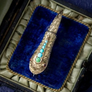 Antique Georgian Turquoise Snake Brooch Garnet Eyes 18ct Gold - Picture 1 of 9