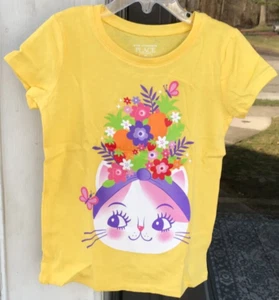 Toddler Girl Childrens Place 5T Yellow T-Shirt Kitty Cat Flower Headband K - Picture 1 of 6