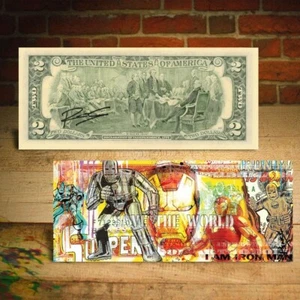 IRON MAN Marvel Save The World $2 US Bill Pop Art HAND-SIGNED by Artist Rency - Picture 1 of 3