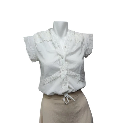 Vintage 70s White Lace Cottage Core Hooded Top Womens S Cotton Button Front - Image 1 of 4