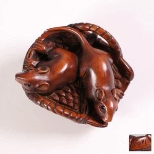 Japanese Boxwood Netsuke by Ishikawa Two Mice in Basket Signed Wood 3.7cm - Picture 1 of 18