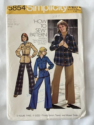 Vtg 70s How To Sew Shirt Jacket Pants Simplicity 5854 Sewing Pattern Size 12 - Image 1 of 3
