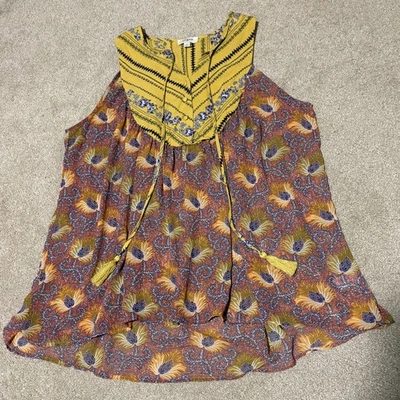 Blusa boho sin mangas Umgee para mujer parte superior parte inferior transparente borlas florales amarillas, talla M Foto 1 de 4