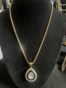 Vintage Halskette mit Anhänger schwarz Emaille Kristall Gold Glas - Bild 1 von 6