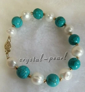 Beautiful 7.5-8" AAA+ 10-9mm South Sea White Pearl Bracelet Turquoise 14k Gold P - Picture 1 of 6