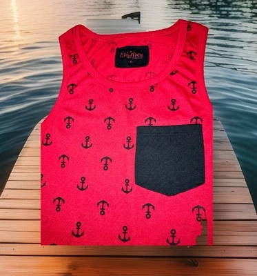 Men's Red & Navy Anchor Tank Top With Front Pocket Galaxy By Harvic Nautical M - Image 1 of 4