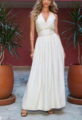 Vestido Boston Proper Blanco Perla Cristal Tachonado Borde Brillo Gasa Maxi Talla L - Nuevo con Etiquetas Foto 1 de 4