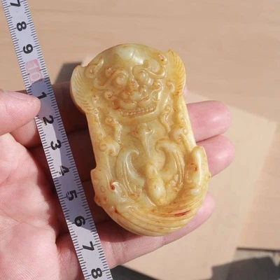 $450 RARO Chino ANTIGUO TALLADO NEFRITA ANTIGUA PIEL AMARILLA JADE CARA ANIMAL 112g Foto 1 de 4