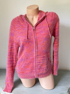 MODA International Rabbit Hair Wool Hoodie Sweater L Pink Heather Soft Full Zip - Image 1 of 4