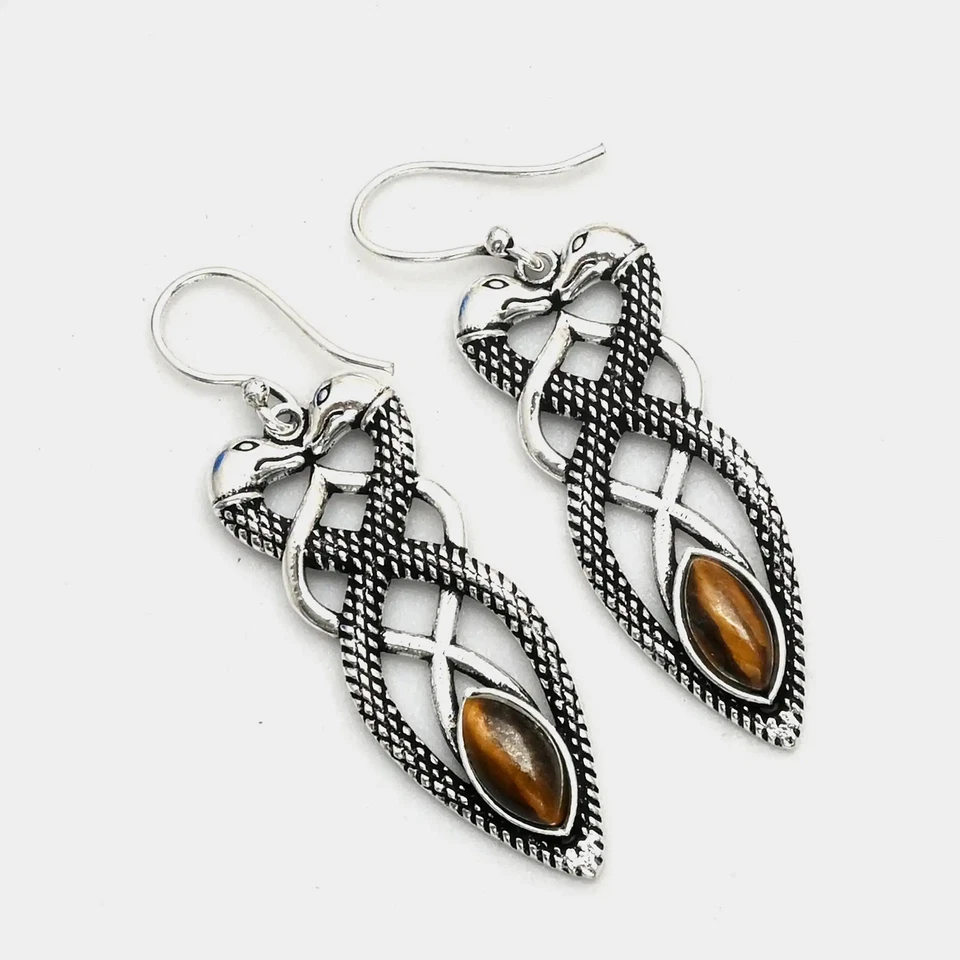 Pendientes colgantes hechos a mano con piedras preciosas ojo de tigre joyas para mujer 2" AE-99471 Foto 1 de 1