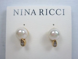 Nina Ricci Gold Plated Pierced Earrings with Swarovski Crystals & Pearls - 7227 - Picture 1 of 2