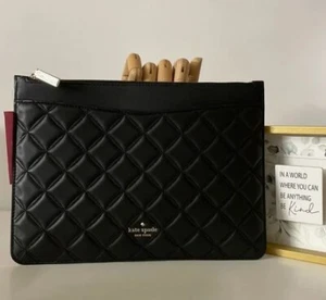 🐼💦 Kate Spade 🐼💦 Natalia Smooth Quilted Leather Black Pouch Bag 🐼 W8 - Picture 1 of 7