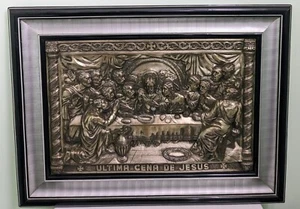 VTG/ATQ Metal Religious 3D Relief Art "ULTIMA CENA DE JESUS", 23.5"x17.5" Frame - Picture 1 of 9