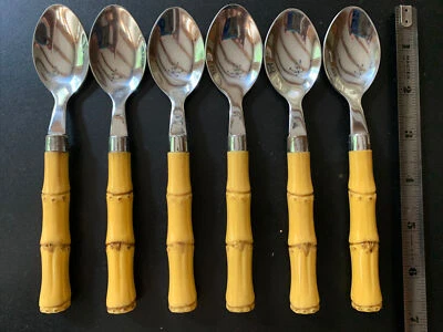 Vintage Bamboo Handle Stainless Steel Silverware China 6 Spoons 7” Boho Tropical - Image 1 of 4