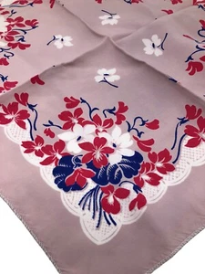 Vintage Silk Handkerchief Hankie Pink Red White Blue Floral Cherry Blossoms - Picture 1 of 7