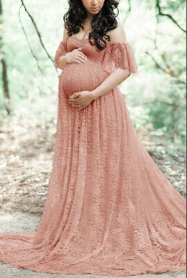 Pink Lace Off The Shoulder Maternity Photoshoot Gown NEW Size Large Long Dress - Image 1 of 4