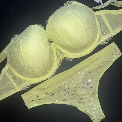 Victoria's Secret 38DDD SUJETADOR CONJUNTO XL ENCAJE AMARILLO NEÓN lima Citrón Plata Estrellas Foto 1 de 2