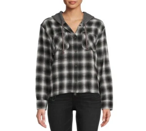 Time And Tru Women's Crop Hooded Long Sleeve Flannel Button Down Shirt Size S - Picture 1 of 6