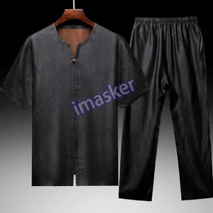 Mens 100% Real  Silk 2pcs Suit T-shirt Pant Tang Suit Chinese Retro - Picture 1 of 10
